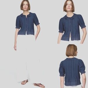 NWT Gap x DOEN Eyelet Shirt LARGE Indigo Button-up Cropped Blouse Short Sleeve